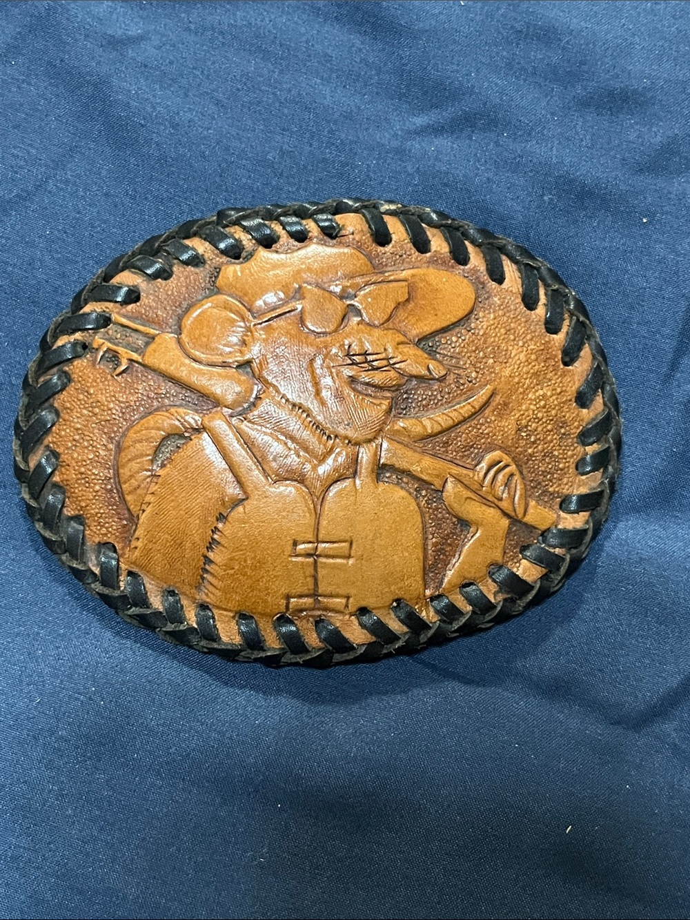 Vintage Two-Tone Brown Leather Western Belt Buckle with Black Braid